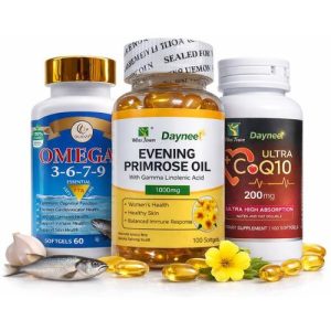 DUOZI Omega 3-6-7-9 Essential Fatty Acids (EFA) + Daynee Evening Primrose Oil With Gamma Linolenic Acid (GLA) 1000mg + Daynee Ultra CoQ10 200mg Combo – Heart, Skin & Women’s Wellness Support