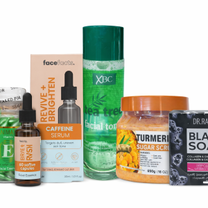 Dr Rashel Black Soap Collagen & Charcoal Bath Soap, Dr. Meinaier Turmeric Sugar Scrub, XBC Tea Tree Facial Toner, Face Facts Revive + Brighten Caffeine Serum, Face Facts Vitamin C Face Cream, Animate Vitamin E Facial Essence Oil (60 Caps)